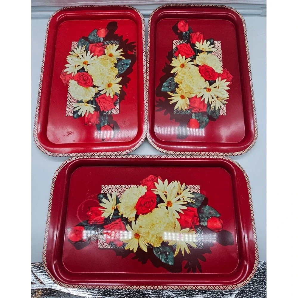 Vintage Red Floral Metal Serving Trays Set of 3 Roses Daisies Retro Kitchen 11.5